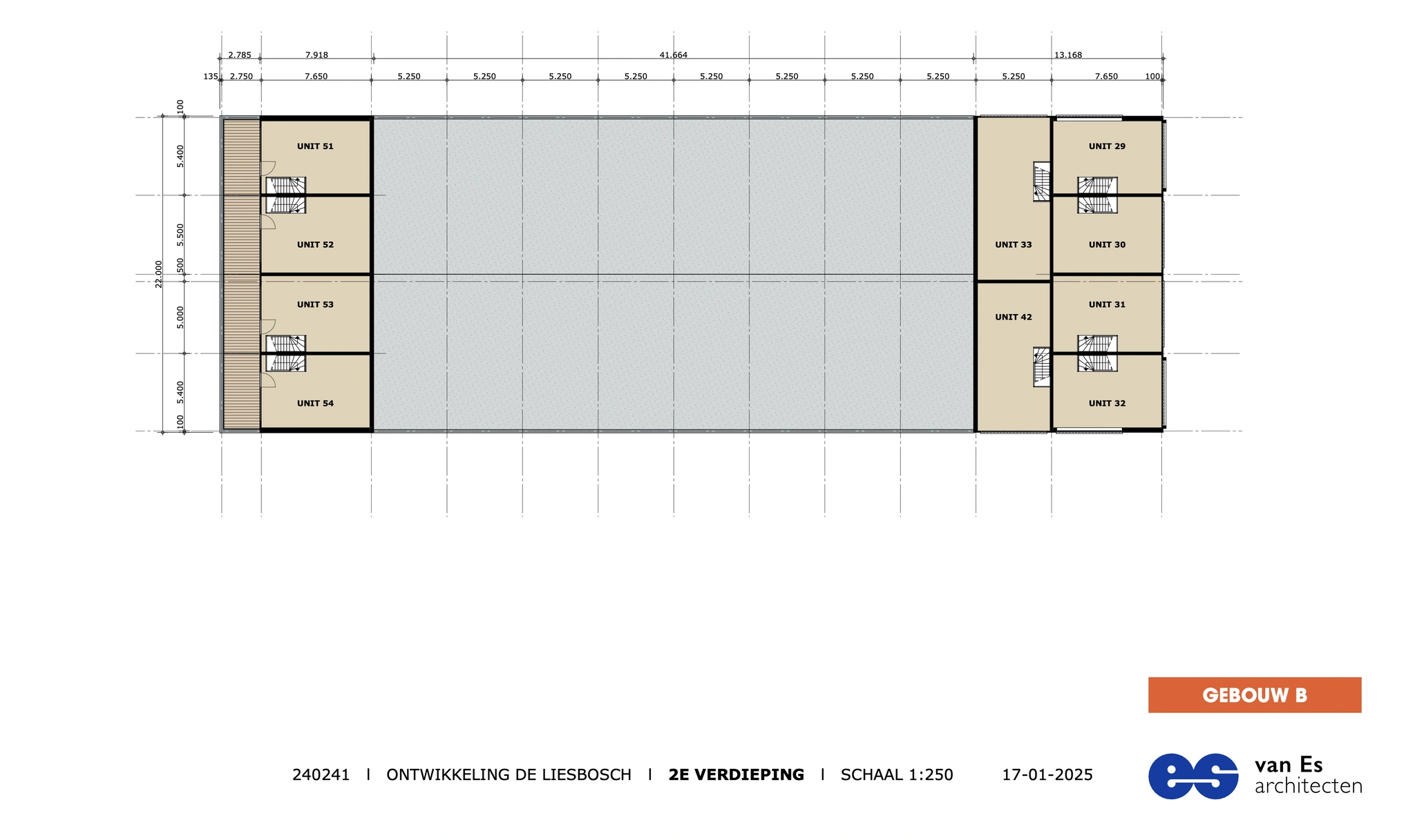 Plattegrond van de tweede verdieping van Gebouw B in ontwikkeling De Liesbosch, met aanduiding van units 29 t/m 54.